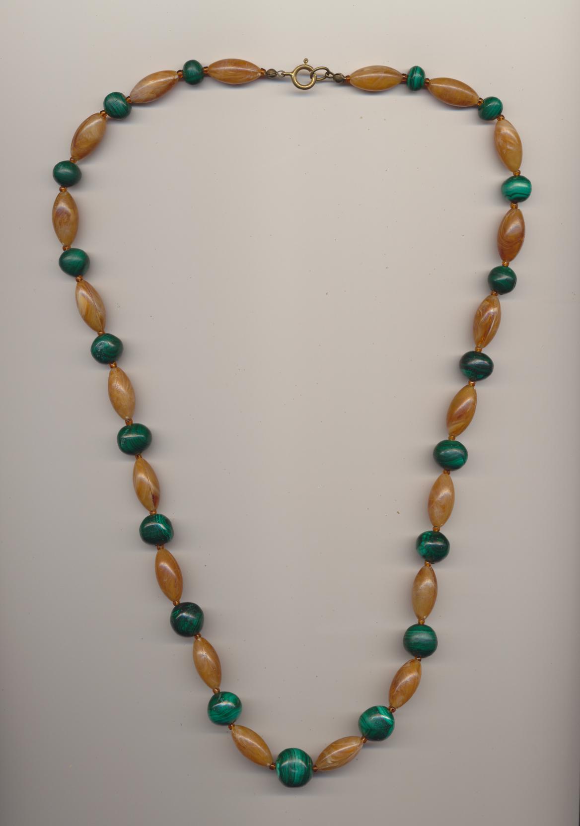 Necklace made of malachite stone and amber imitation plastic beads, length 32.5'' 65cm.